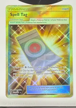 POKEMON TCG SPELL TAG 235/214 GOLD SECRET RARE LOST THUNDER 2CM CREASE AT TOP - Image 1