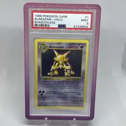 1999 POKEMON BASE SET SHADOWLESS #1 ALAKAZAM HOLO PSA 9 + Limited Ed GradedGuard - Image 1