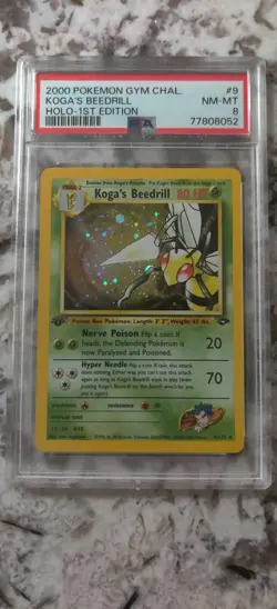 PSA 8 NM-MINT Koga's Beedrill 9/132 1st Edition HOLO RARE Gym Pokemon Card - Image 1