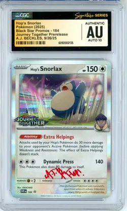 CGC Auto 10 AJ Beckles Hop's Snorlax - 184 (Prerelease) 184 Sv: Promo Cards Holo - Image 1