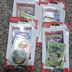 Pokemon Scarlet & Violet Destined Rivals 4 Booster Pack Lot Promo Card & Coin - Image 1