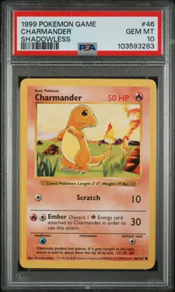 1999 POKEMON BASE SET SHADOWLESS #46 CHARMANDER PSA 10 Gem Mint - Image 1