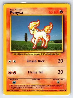 Ponyta 60/102 1999 Base Set Unlimited Pokemon Card WOTC Common - Lp - Image 1