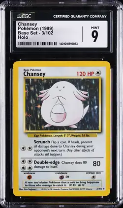 1999 POKEMON BASE SET HOLO #3/102 CHANSEY CGC 9 - Image 1