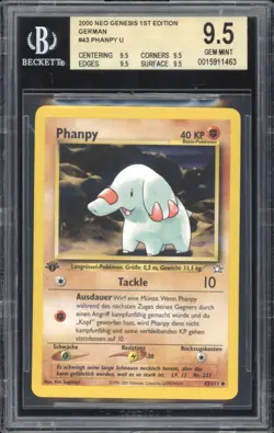 2001 Pokemon GERMAN 1st Edition Neo Genesis Phanpy 43/111 BGS 9.5 GEM MINT Quad - Image 1