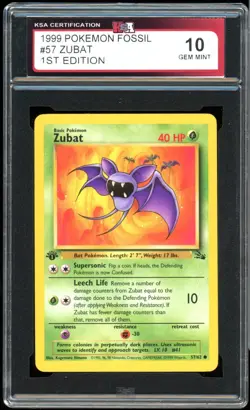 1999 Pokemon Fossil #57 Zubat 1st Edition KSA 10 Gem Mint - Image 1
