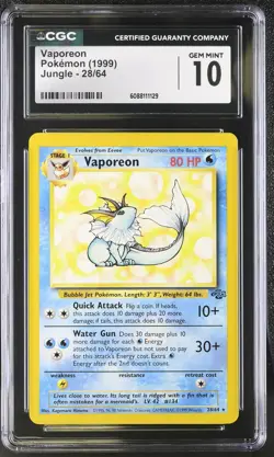 CGC 10 GEM MINT Vaporeon 1999 Jungle 28/64 Pokemon Card - Image 1
