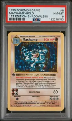1999 POKEMON GAME 1ST ED #8 MACHAMP-HOLO PSA 8 - Image 1