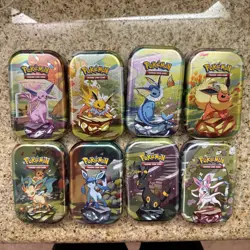 Pokemon Prismatic Evolutions Mini Tins Opened No Packs Full Set Of 8 Empty Tins - Image 1