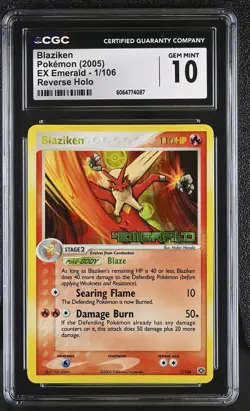 CGC 10 GEM MINT Blaziken 2005 EX Emerald 1/106 Reverse Holo Stamped Pokemon Card - Image 1
