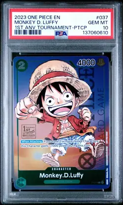 2023 ONE PIECE P-037 1ST ANNIVERSARY TOURNAMENT MONKEY D LUFFY ENGLISH PSA 10 - Image 1
