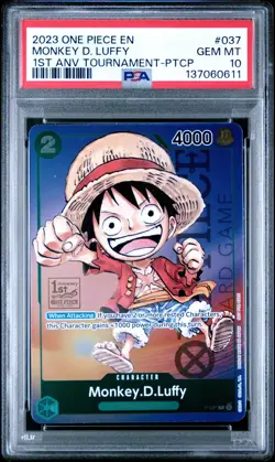2023 ONE PIECE P-037 1ST ANNIVERSARY TOURNAMENT MONKEY D LUFFY ENGLISH PSA 10 - Image 1