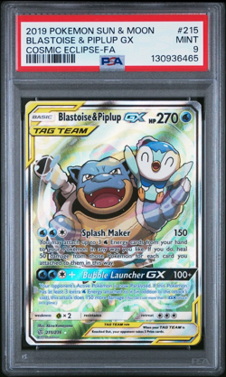 2019 POKEMON COSMIC ECLIPSE FULL ART Team Up BLASTOISE & PIPLUP GX #215 PSA 9 - Image 1