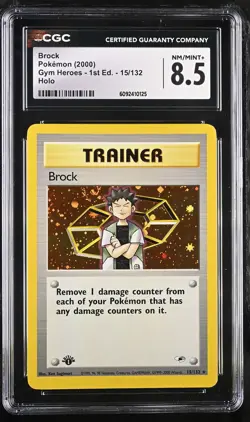 CGC 8.5 Brock Gym Heroes 1st Edition 15/132 Holo SWIRL Pokemon Card - Image 1