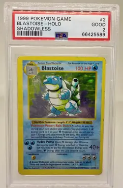 1999 POKEMON BASE SET SHADOWLESS #2 BLASTOISE-HOLO PSA 2 - Image 1