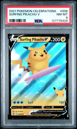2021 POKEMON CELEBRATIONS 008 SURFING PIKACHU V PSA 8 - Image 1