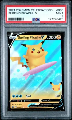 2021 POKEMON CELEBRATIONS 008 SURFING PIKACHU V PSA 9 - Image 1