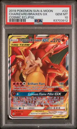 2019 POKEMON SUN & MOON COSMIC ECLIPSE #22 CHARIZARD & BRAIXEN GX PSA 10 - Image 1
