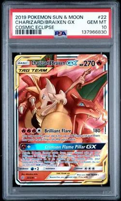 2019 POKEMON SM COSMIC ECLIPSE #22/236 CHARIZARD & BRAIXEN GX TAG TEAM PSA 10 - Image 1