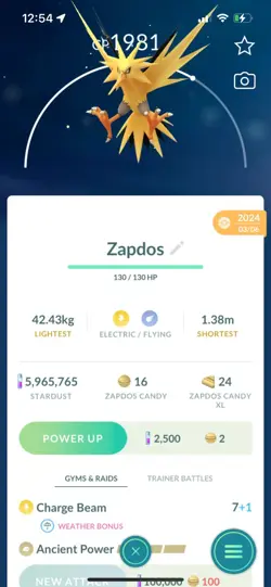 Pokemon Go Legendary Zapdos ( Normal ) ( Reduced) - Image 1