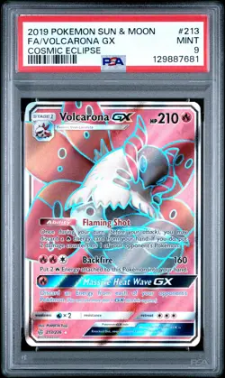 2019 POKEMON SUN & MOON COSMIC ECLIPSE #213 FULL ART/VOLCARONA GX PSA 9 - Image 1