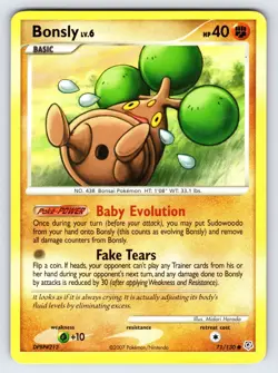 Bonsly 71/130 2007 Diamond & Pearl Base Set Pokemon Card TCG Common - Lp - Image 1