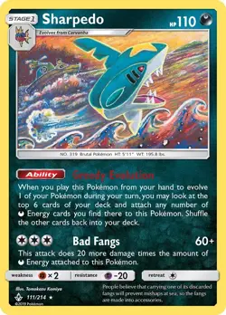 Sharpedo 111/214 Reverse Holo Rare SM - Unbroken Bonds Pokemon Card - Image 1
