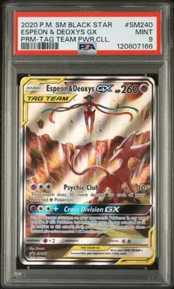2020 POKEMON SM BSP #SM240 ESPEON & DEOXYS GX PRM-TAG TEAM PWR.CLL. PSA 9 - Image 1