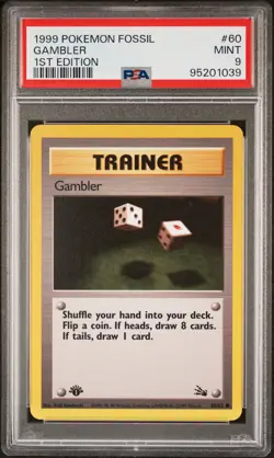 1999 POKEMON FOSSIL 1ST ED #60 GAMBLER PSA 9 - Image 1