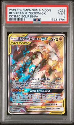 2019 POKEMON SUN & MOON COSMIC ECLIPSE #222 FULL ART/RESHIRAM & ZEKROM GX PSA 9 - Image 1