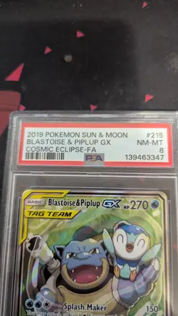 2019 POKEMON SUN & MOON COSMIC ECLIPSE #215/236 BLASTOISE & PIPLUP GX PSA 8 - Image 2