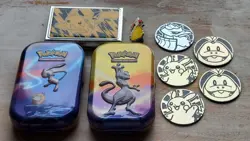 POKEMON mixed lot tins jumbo coins pin Pikachu Mew Mewtwo Corviknight V Fuecoco - Image 1