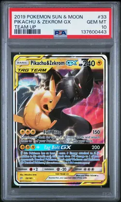 2019 POKEMON SUN & MOON TEAM UP #33 PIKACHU & ZEKROM GX PSA 10 - Image 1