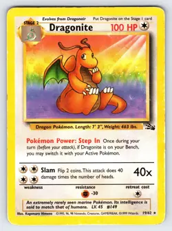 Dragonite 19/62 1999 Fossil Set Pokemon Card TCG WOTC Vintage Non Holo Rare - Mp - Image 1