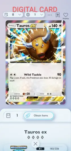 Tauros EX Pokemon Pocket Mobile Game Mega Rising Set ◇◇◇◇ Rare Card For Trade - Image 1