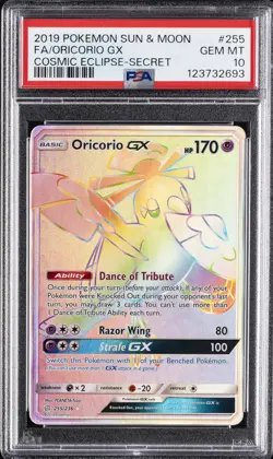 2019 POKEMON SUN & MOON COSMIC ECLIPSE SECRET #255 FULL ART/ORICORIO GX PSA 10 - Image 1