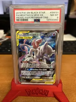 2019 POKEMON SM BLACK STAR PROMO #SM191 FULL ART/MEWTWO & MEW GX PSA 8 - Image 1