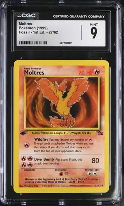 CGC 9 MINT Moltres 1999 Fossil 1st Edition 27/62 Pokemon Card - Image 1