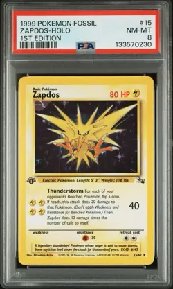 1999 POKEMON FOSSIL 15 ZAPDOS-HOLO 1ST EDITION PSA 8 Holo Print Error Top Left - Image 1