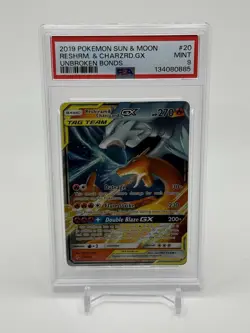 PSA 9 MINT Reshiram & Charizard GX 20/215 Unbroken Bonds 2019 Pokemon Card - Image 1