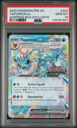 2025 POKEMON PRISMATIC EVOLUTIONS 023 VAPOREON EX SURPRISE BOX EXCLUSIVE PSA 10 - Image 1
