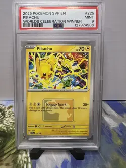 Pikachu 2025 Worlds Celebration WINNER Promo Pokemon SVP #225 PSA 9 - Image 1