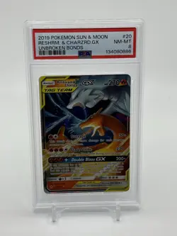 PSA 8 Reshiram & Charizard GX 20/215 Unbroken Bonds 2019 Pokemon Card - Image 1