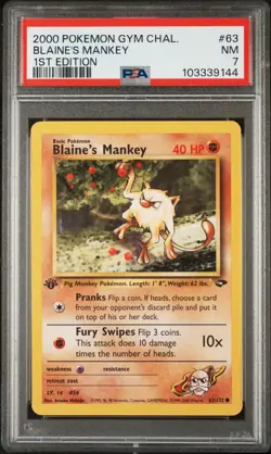 Blaine's Mankey 63/132 1st Edition Gym Challenge Pokemon PSA 7 - Image 1