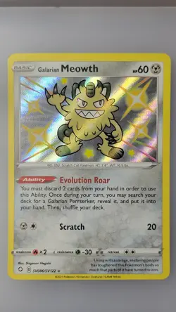 Shiny Galarian Meowth SV086/SV122 NM Ultra Holo Rare Shining Fates Pokemon Card! - Image 1