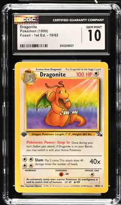 CGC 10 Dragonite 19/62 Rare 1st Edition Fossil Pokemon Card - Image 1