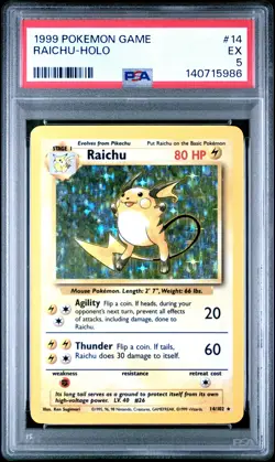 1999 POKEMON BASE SET UNLIMITED #14 RAICHU-HOLO PSA 5 - Image 1