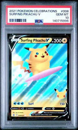 2021 POKEMON CELEBRATIONS #008 SURFING PIKACHU V PSA 10 - Image 1