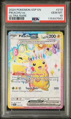 2024 POKEMON SSP EN-SURGING SPARKS ULTRA RARE #219 PIKACHU EX PSA 10 - Image 1