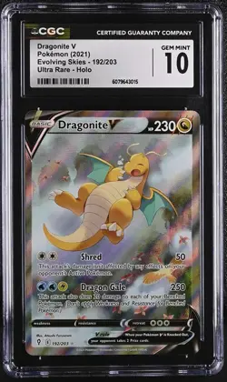 CGC 10 DRAGONITE V 192 EVOLVING SKIES ALT ART SWORD & SHIELD POKEMON GEM MINT - Image 1